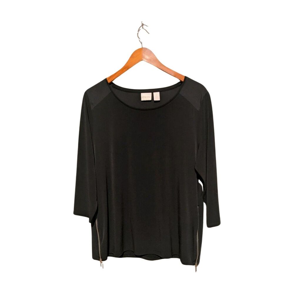 Chicos Travelers Top Womens 2 US Large Black Tunic Zipper Accent Blouse Top